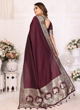 Wine Banarasi Silk Jacquard and Weaving Work Trendy Saree