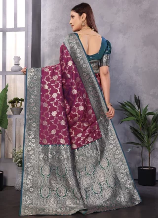 Wine Banarasi Silk Weaving Work Designer Sari for Ceremonial