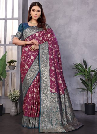 Wine Banarasi Silk Weaving Work Designer Sari for Ceremonial