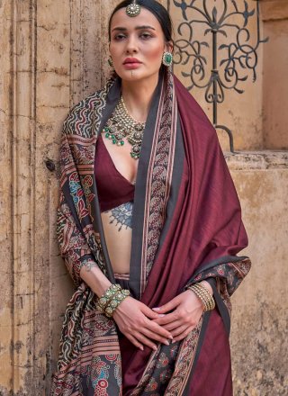Wine Block Print and Paisley Print Work Silk Trendy Saree