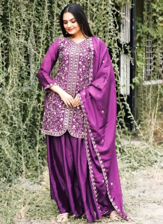 Wine Chinon Embroidered and Sequins Work Salwar Suit