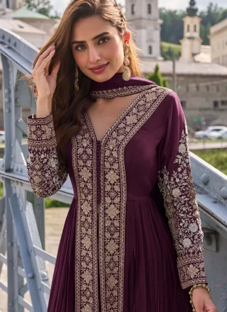 Wine Chinon Salwar Suit with Embroidered Work