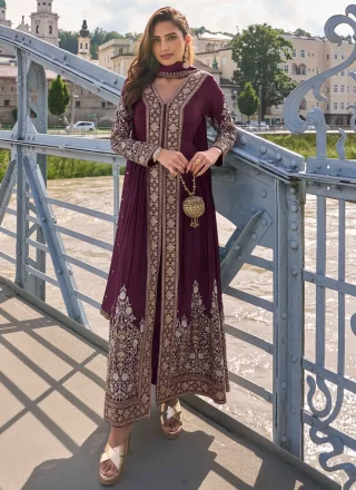 Wine Chinon Salwar Suit with Embroidered Work