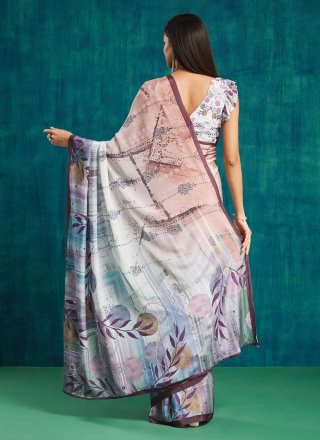 Wine Crepe Silk Digital Print Work Contemporary Sari