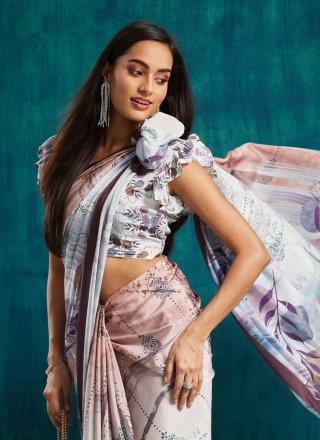 Wine Crepe Silk Digital Print Work Contemporary Sari
