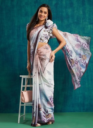 Wine Crepe Silk Digital Print Work Contemporary Sari