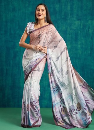 Wine Crepe Silk Digital Print Work Contemporary Sari