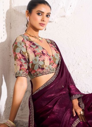 Wine Crush Embroidered and Zari Work Traditional Saree