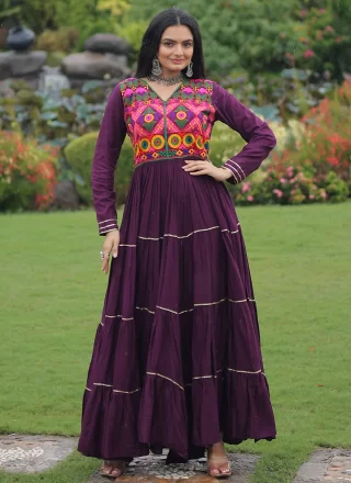 Wine Embroidered and Gamthi Work Rayon Designer Gown