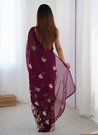 Wine Embroidered, Multi, Sequins and Thread Work Georgette Trendy Saree