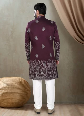 Wine Embroidered, Sequins and Thread Work Silk Indo Western