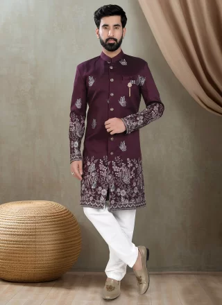 Wine Embroidered, Sequins and Thread Work Silk Indo Western