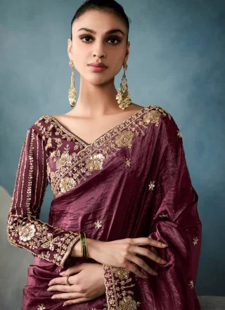 Wine Embroidered, Sequins and Zari Work Tissue Traditional Saree