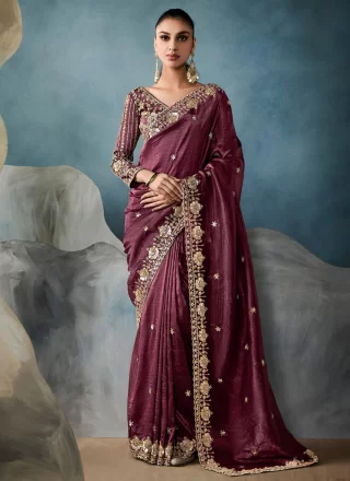 Wine Embroidered, Sequins and Zari Work Tissue Traditional Saree