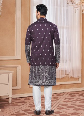 Wine Embroidered, Thread and Zari Work Silk Kurta Pyjama