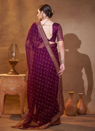 Wine Embroidered Work Chiffon Contemporary Saree
