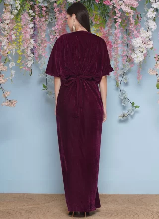 Wine Embroidered Work Velvet Designer Gown