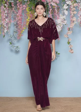 Wine Embroidered Work Velvet Designer Gown