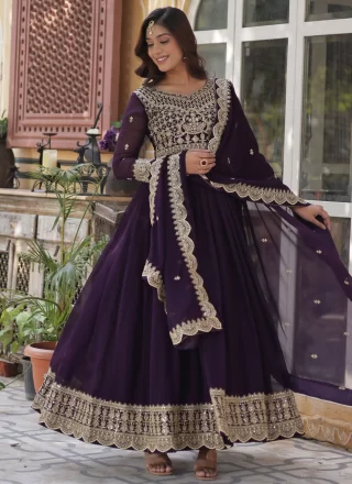 Wine Faux Crepe Embroidered and Sequins Work Gown