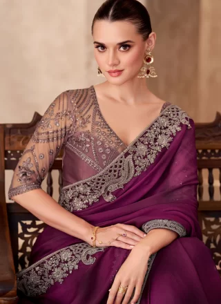Wine Faux Georgette Classic Saree with Patch Border and Embroidered Work for Ceremonial