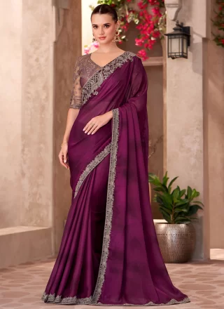 Wine Faux Georgette Classic Saree with Patch Border and Embroidered Work for Ceremonial