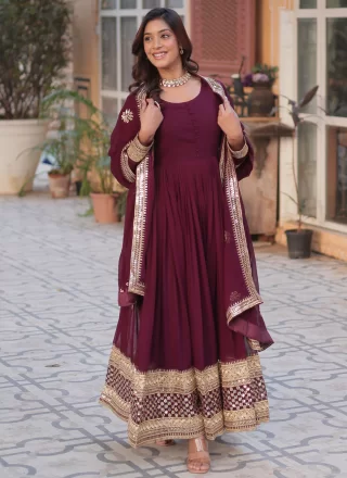 Wine Faux Georgette Gown with Embroidered, Sequins and Zari Work for Women