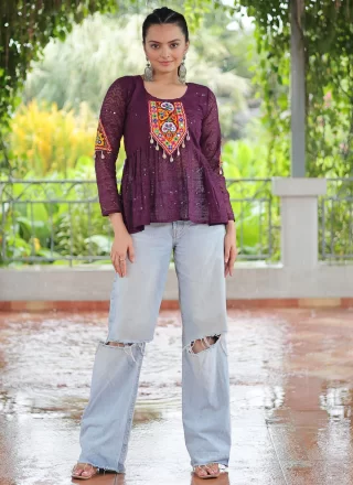 Wine Georgette Casual Kurti with Gamthi and Patch Border Work