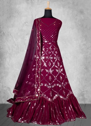 Wine Georgette Embroidered and Sequins Work A - Line Lehenga Choli for Engagement