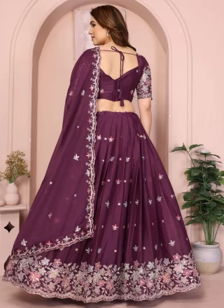 Wine Georgette Embroidered and Zari Work Lehenga Choli for Ceremonial