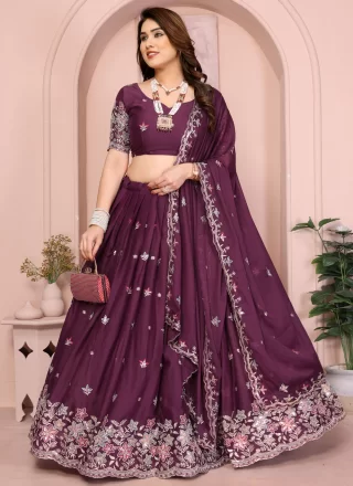 Wine Georgette Embroidered and Zari Work Lehenga Choli for Ceremonial