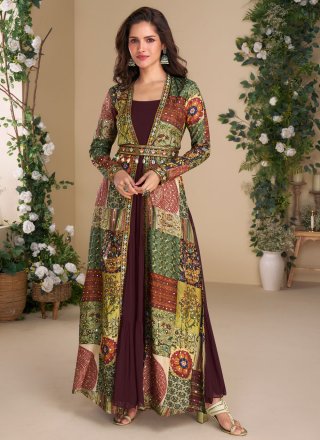 Wine Georgette Embroidered, Print, Sequins and Stone Work  Designer Gown