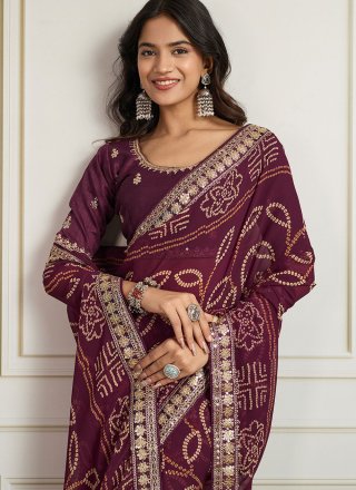 Wine Georgette Embroidered, Print, Sequins and Zari Work Classic Sari