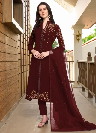 Wine Georgette Embroidered Work Readymade Salwar Suit