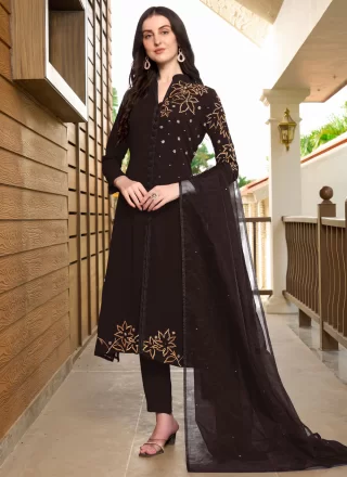 Wine Georgette Pant Style Suit with Embroidered Work