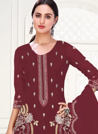 Wine Organza Embroidered and Zari Work Salwar Suit