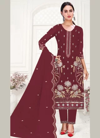 Wine Organza Embroidered and Zari Work Salwar Suit