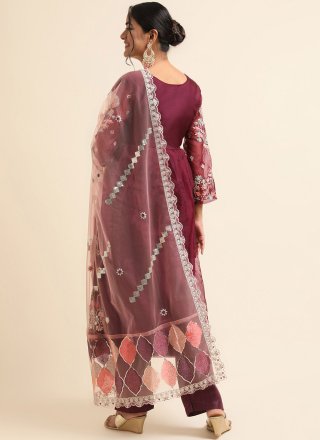 Wine Organza Salwar Suit with Embroidered, Sequins and Zari Work for Women