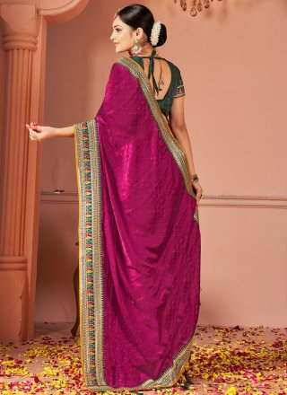 Wine Rangoli Patch Border and Embroidered Work Designer Saree for Ceremonial