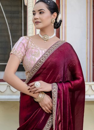 Wine Satin Contemporary Sari with Cut, Hand and Lace Work