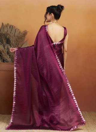 Wine Satin Embroidered Work Classic Sari