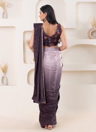 Wine Satin Print Work Classic Saree