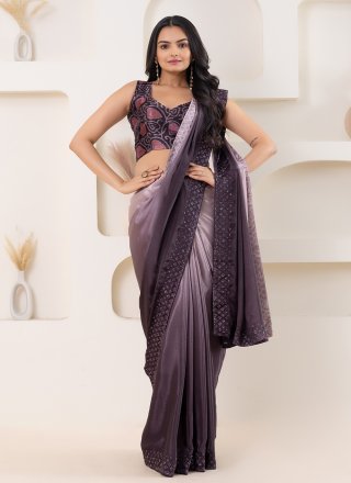 Wine Satin Print Work Classic Saree