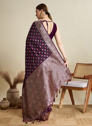 Wine Satin Silk Classic Saree with Woven Work for Ceremonial