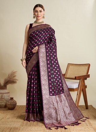 Wine Satin Silk Classic Saree with Woven Work for Ceremonial