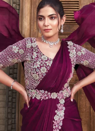 Wine Satin Silk Contemporary Saree