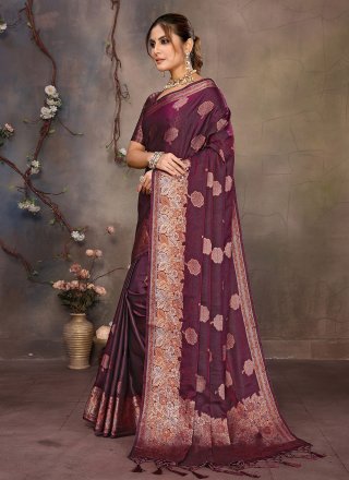 Wine Satin Silk Trendy Saree with Jacquard and Woven Work