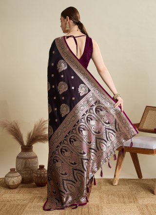 Wine Satin Silk Trendy Saree with Woven Work