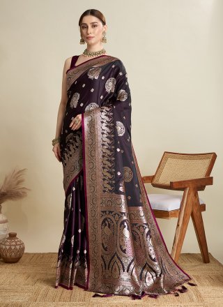 Wine Satin Silk Trendy Saree with Woven Work