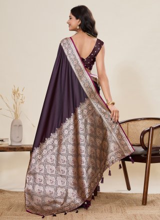 Wine Satin Silk Woven and Zari Work Classic Saree for Casual