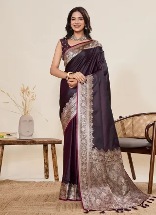 Wine Satin Silk Woven and Zari Work Classic Saree for Casual